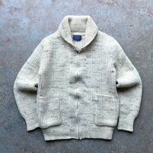 Pendleton Vintage Wool Shawl Collar Zip Cardigan Sweater Cream Fleck USA Large